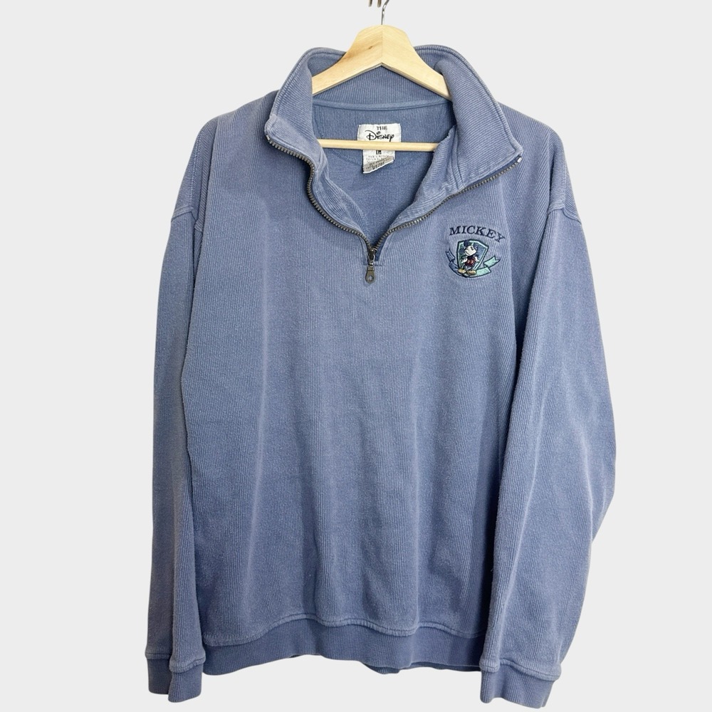 Vintage 90s The Disney Store Quarter Zip Sweatshirt Mickey Mouse Blue Ribbed XL